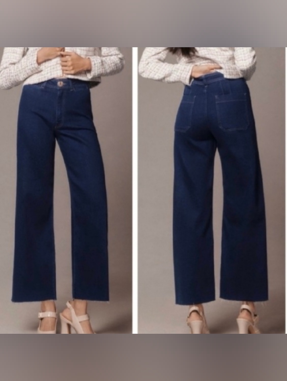Maeve Dark Blue Wide-Leg Fringe Jeans - Picture 1 of 10